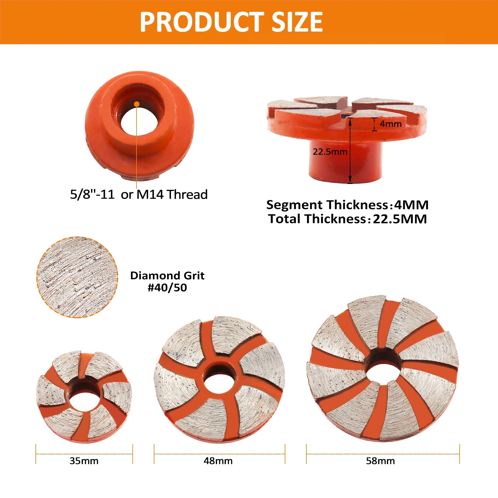 BRSCHNITT Diamant-Schleifscheibe, Reinigungsboden, 2 Stück, Durchmesser 35/48/58 mm, Polierstein, Blumentöpfe, Kopfsteinpflaster, Marmor, Beton, M14 oder 5/8"-11 Gewinde