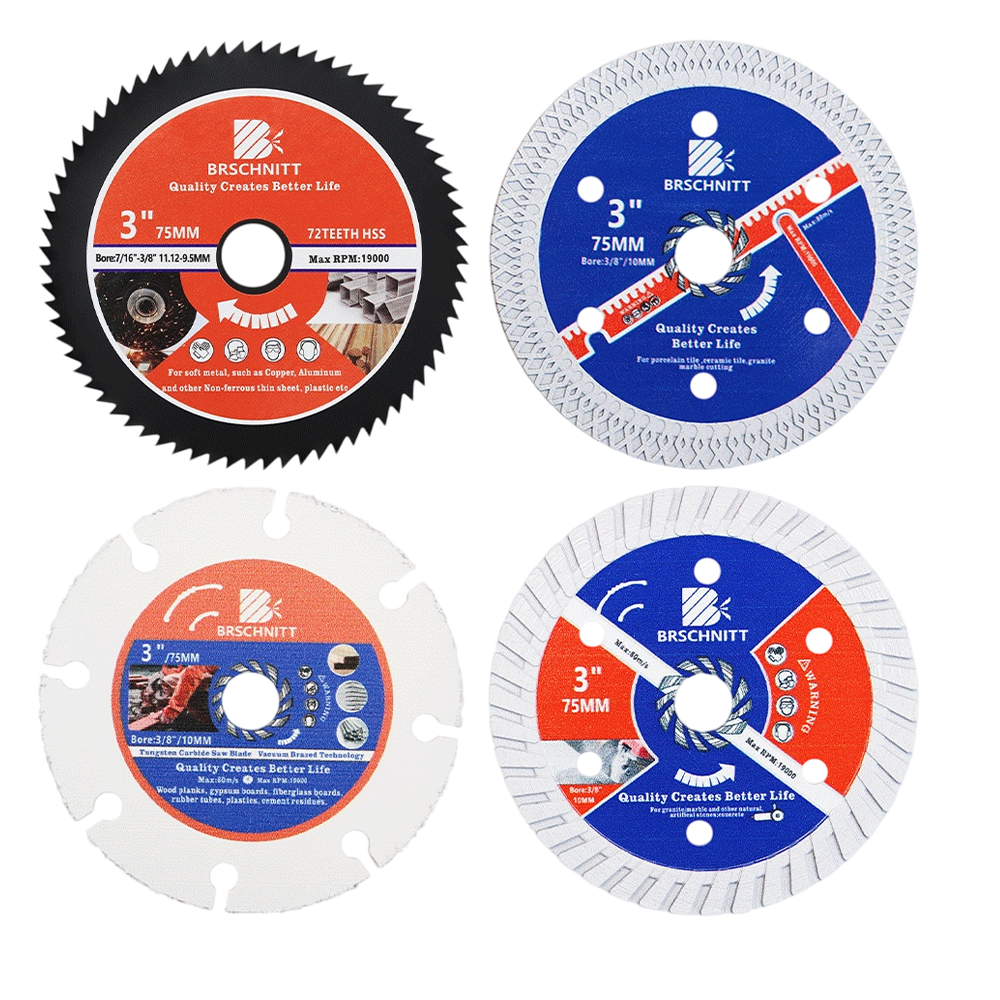 BRSCHNITT 75mm 3“ Diamond Saw Blade Set 4pcs with 10mm Arbor for Cutting Tile Stone Concrete Granite Marble