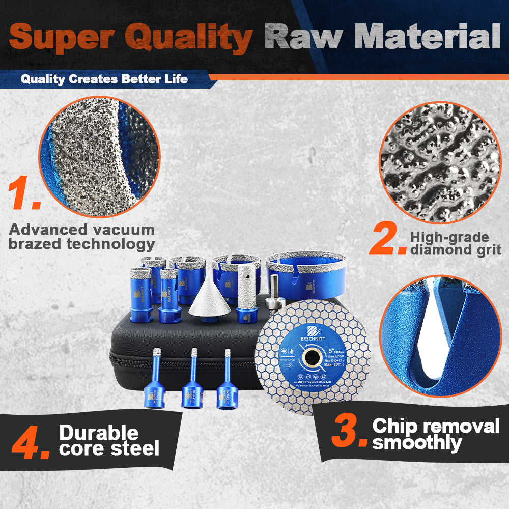 BRSCHNITT M14 Thread Diamond Drill Set 6-110mm with Finger Router and Chamfer Bit for Tile Granite Marble