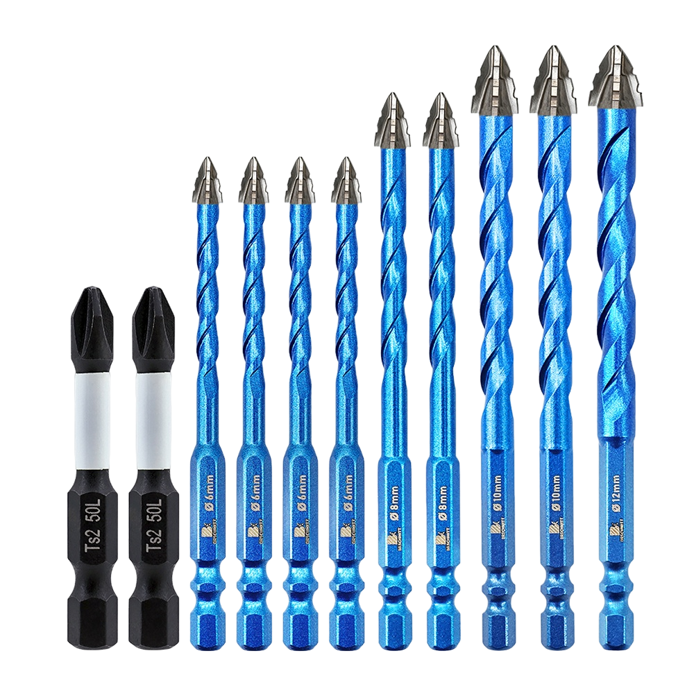 BRSCHNITT Hex Shank Serrated Carbide Masonry Drill Bit Set 12pcs with Phillips Bits for Brick Ceramic Tile Wood Plastic