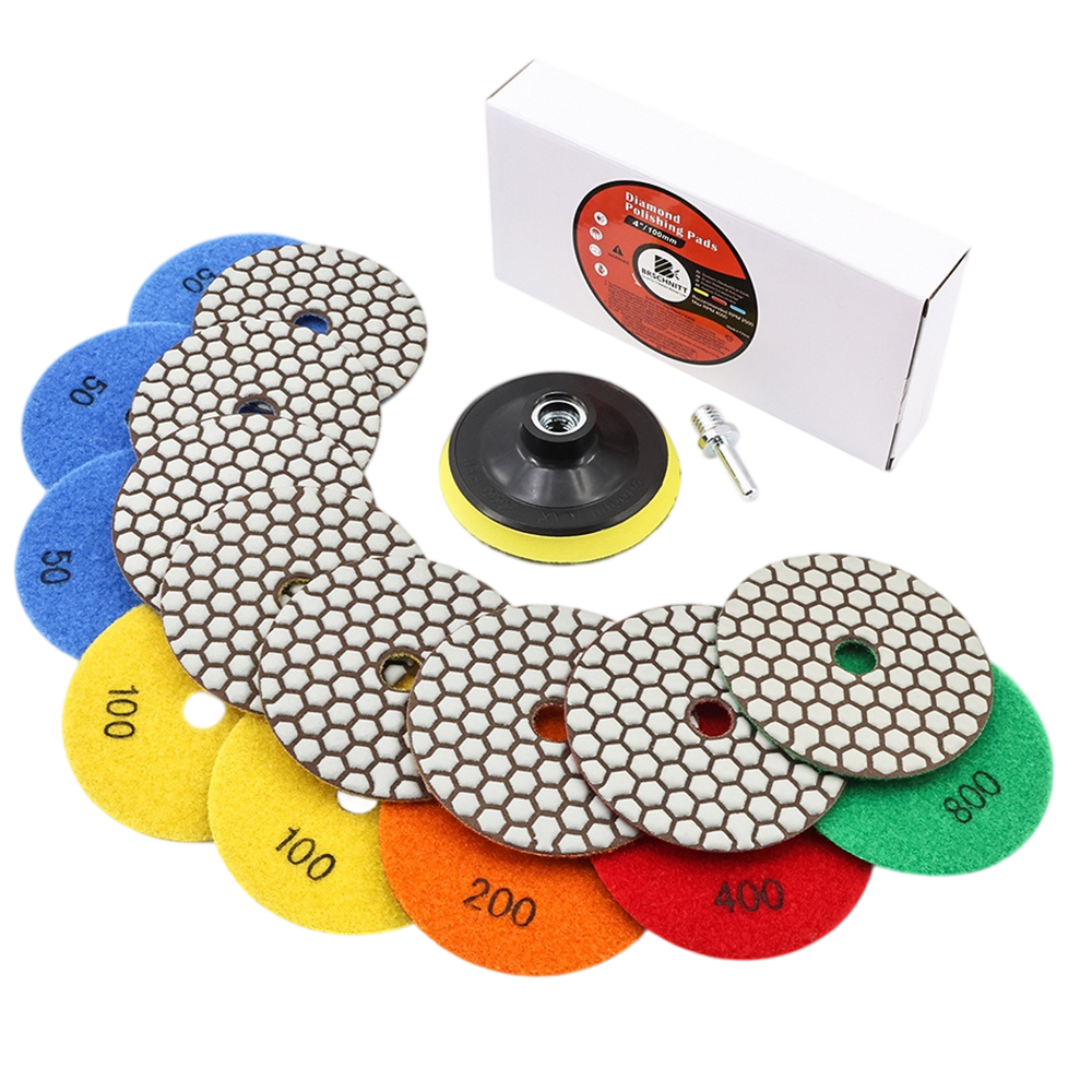 BRSCHNITT 4 Inch Dry Diamond Polishing Pads Set 50-800 Grit with 5/8"-11 Backer for Granite Marble Concrete Quartz