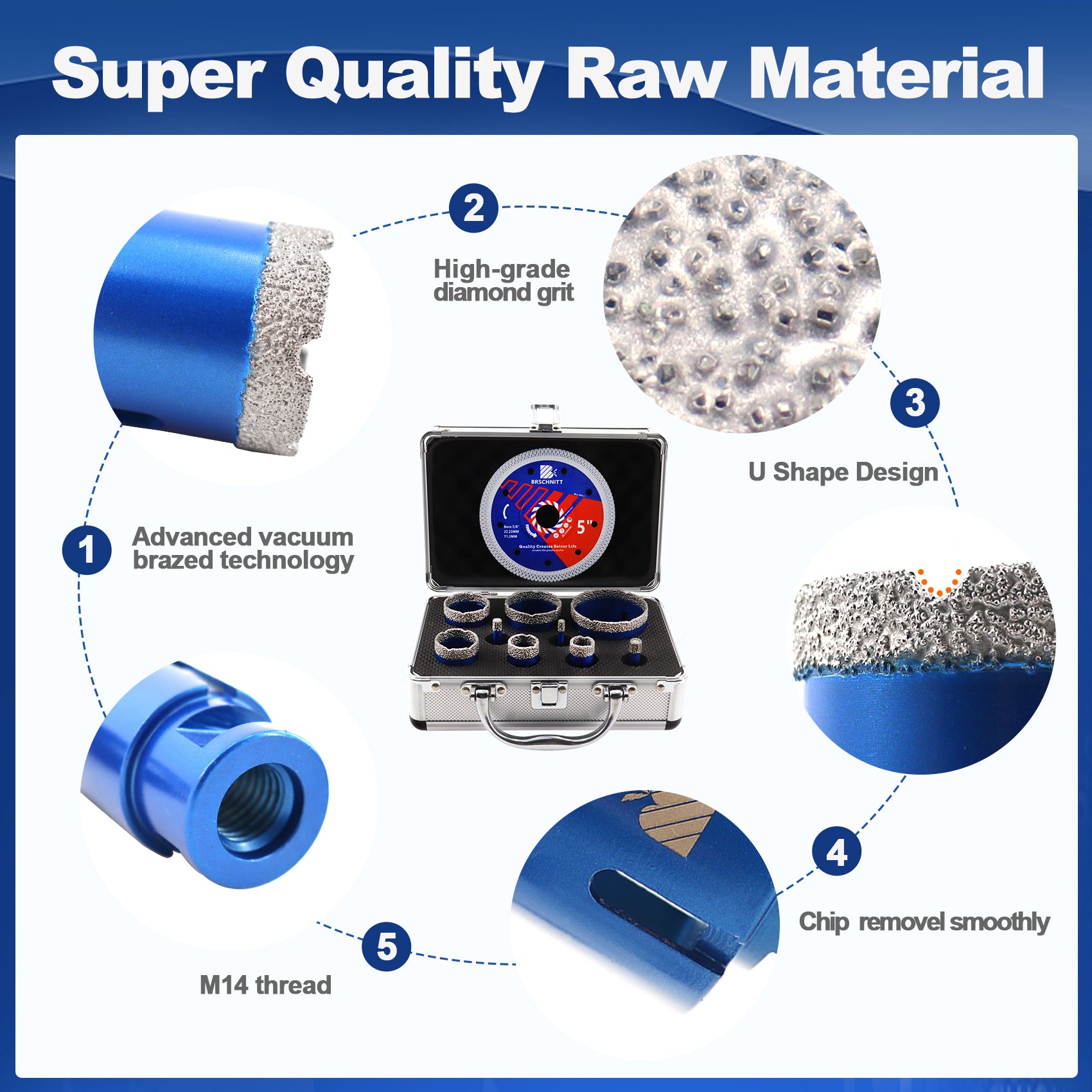 BRSCHNITT 6-68 mm 10 pièces/ensemble de forets diamantés M14 125 mm x maille Turbo pour carrelage en céramique, porcelaine, marbre, granit