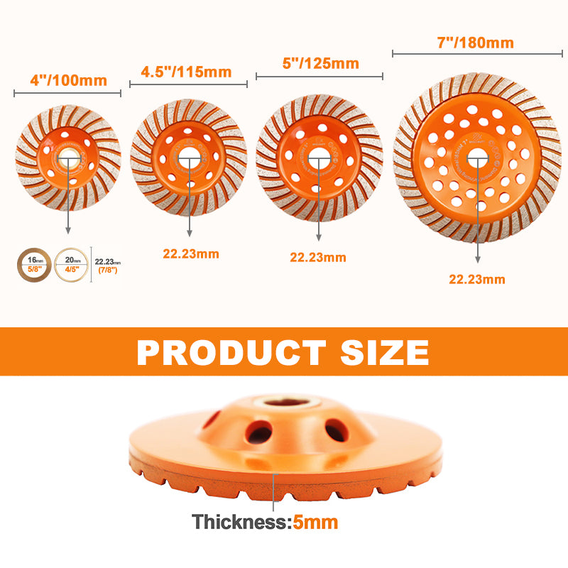 BRSCHNITT Diamond Turbo Row Grinding Cup Wheel 1pc Dia 4"/4.5"/5"/7" Polishing Concrete Masonry Granite Marble