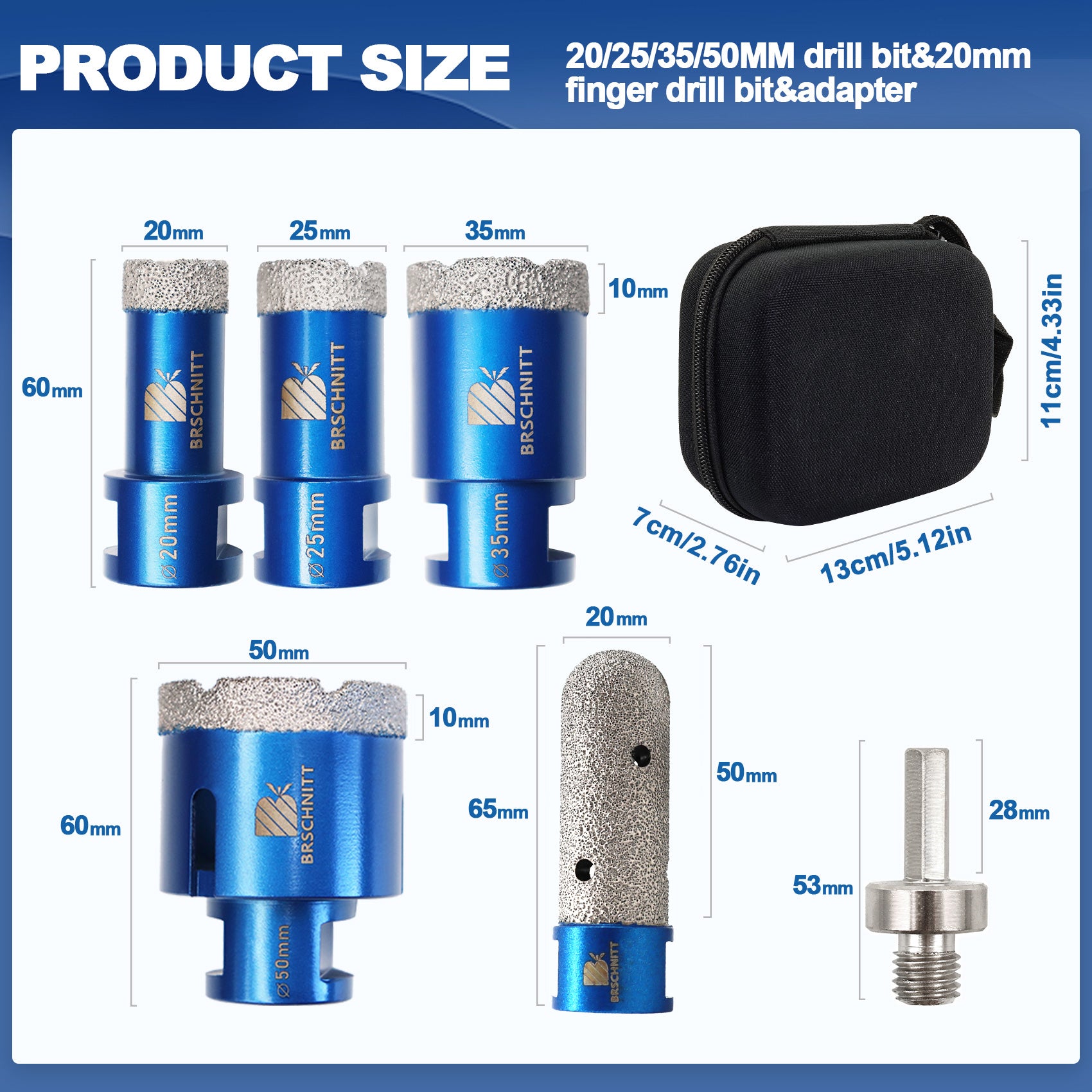 BRSCHNITT 6pcs M14 Vacuum Brazed Diamond Core Drill Bit Set for Granite Marble Ceramic Porcelain Tile with HEX Adapter