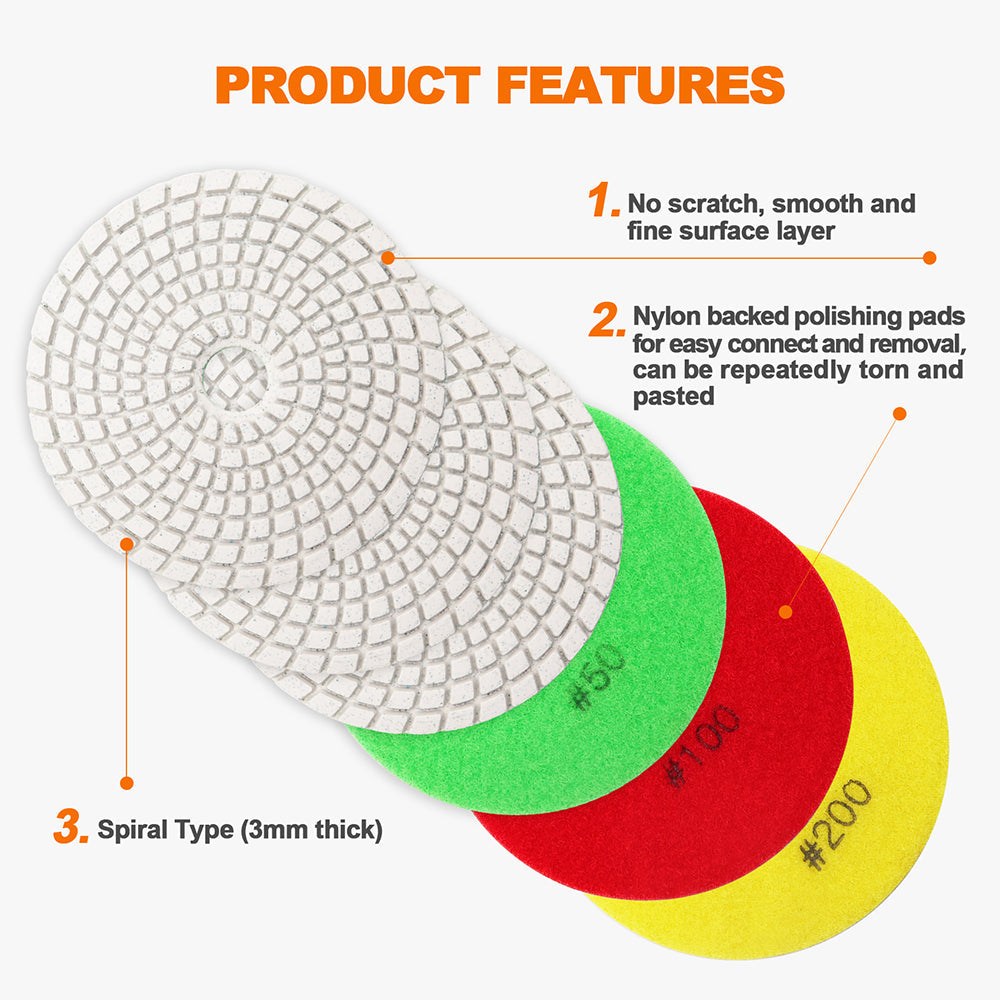BRSCHNITT Lot de 6 tampons de polissage flexibles diamantés humides 4 pouces pour granit, marbre, céramique, pierre artificielle