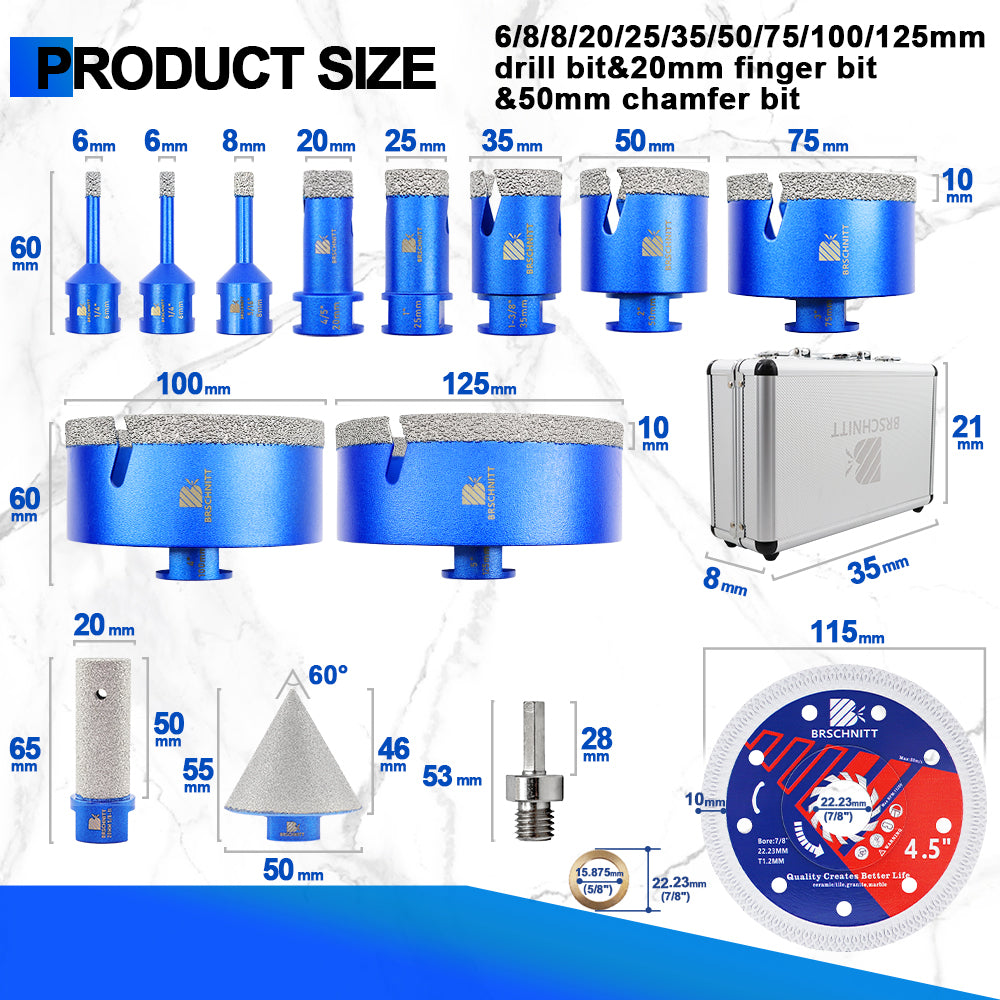 BRSCHNITT 14pcs 5/8"-11 Diamond Drill Bit Set 6-125mm with Milling Bit Chamfer Bit & Turbo Disc for Tile Granite