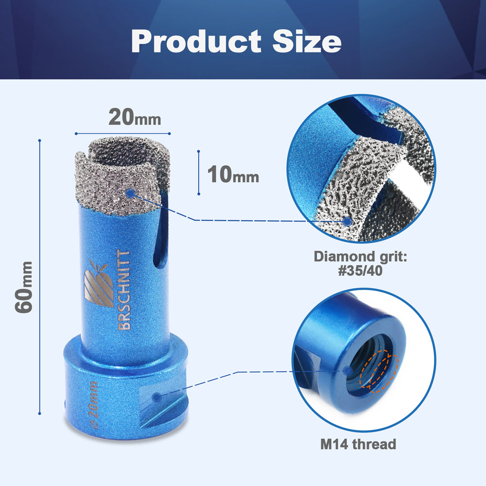 BRSCHNITT M14 Thread Diamond Dry & Wet Hole Saw with Lightning Teeth 25-68mm for Porcelain Tile Granite Marble