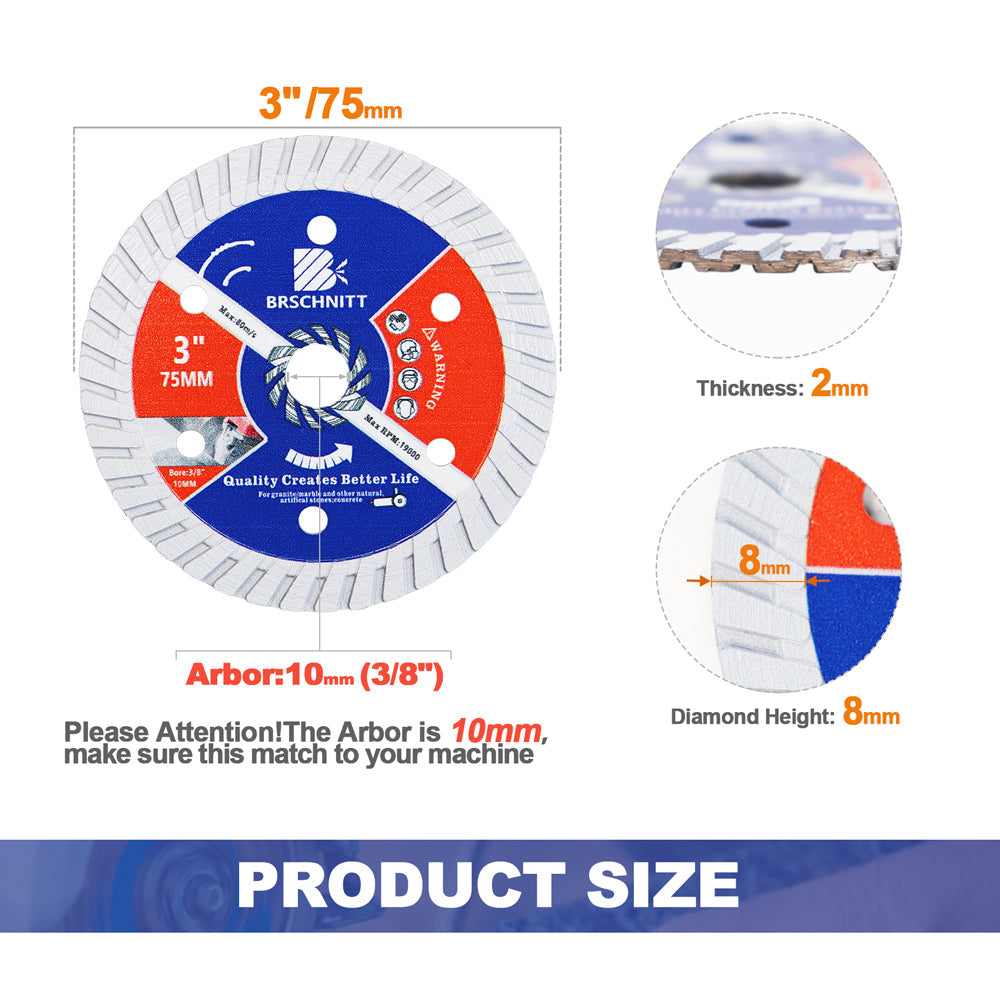 BRSCHNITT Diamond Granite Concrete Turbo Blade  1/2/4/10pcs Dia 3"/75mm Granite Marble Concrete Stone Hot Pressed Cutting Disc