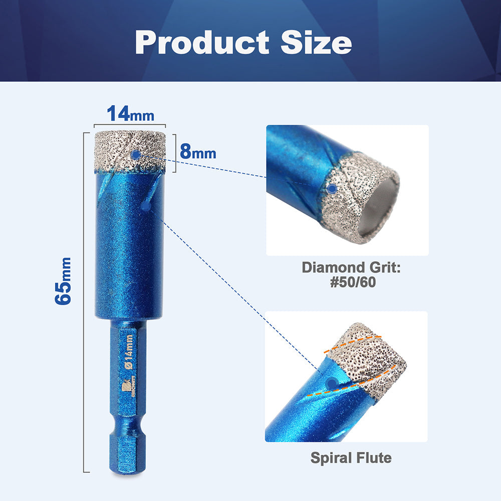 BRSCHNITT Quick-Fit Shank Diamond Dry Core Drill Bit 6-16mm for Ceramic Tile Granite Marble Vacuum Brazed
