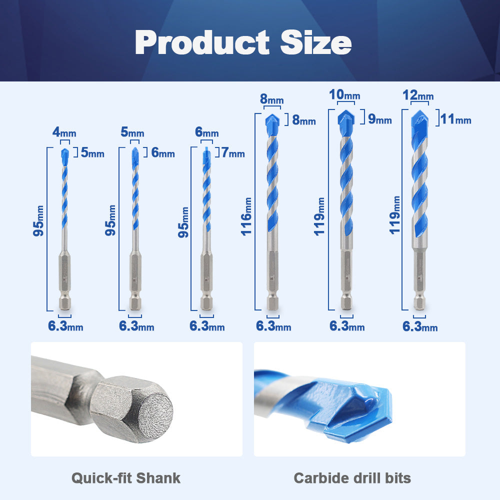 BRSCHNITT Hex Quick-Fit Shank Tungsten Carbide Tip Positioning Drill Bit Set 4-12mm for Concrete Brick