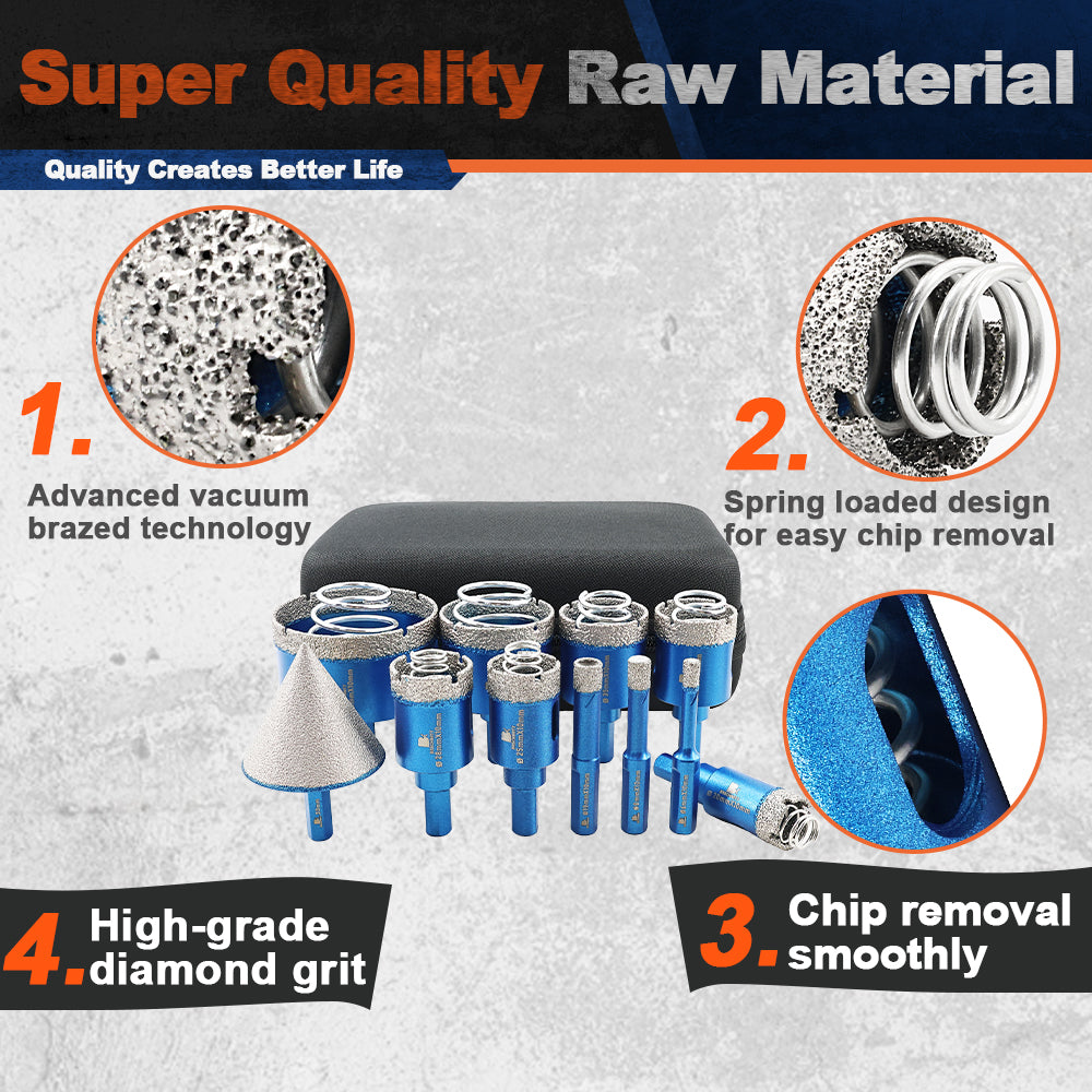 BRSCHNITT 11pcs Hex Shank Diamond Core Drill Bit Set 6-65mm Hole Saw with Spring for Ceramic Tile Marble