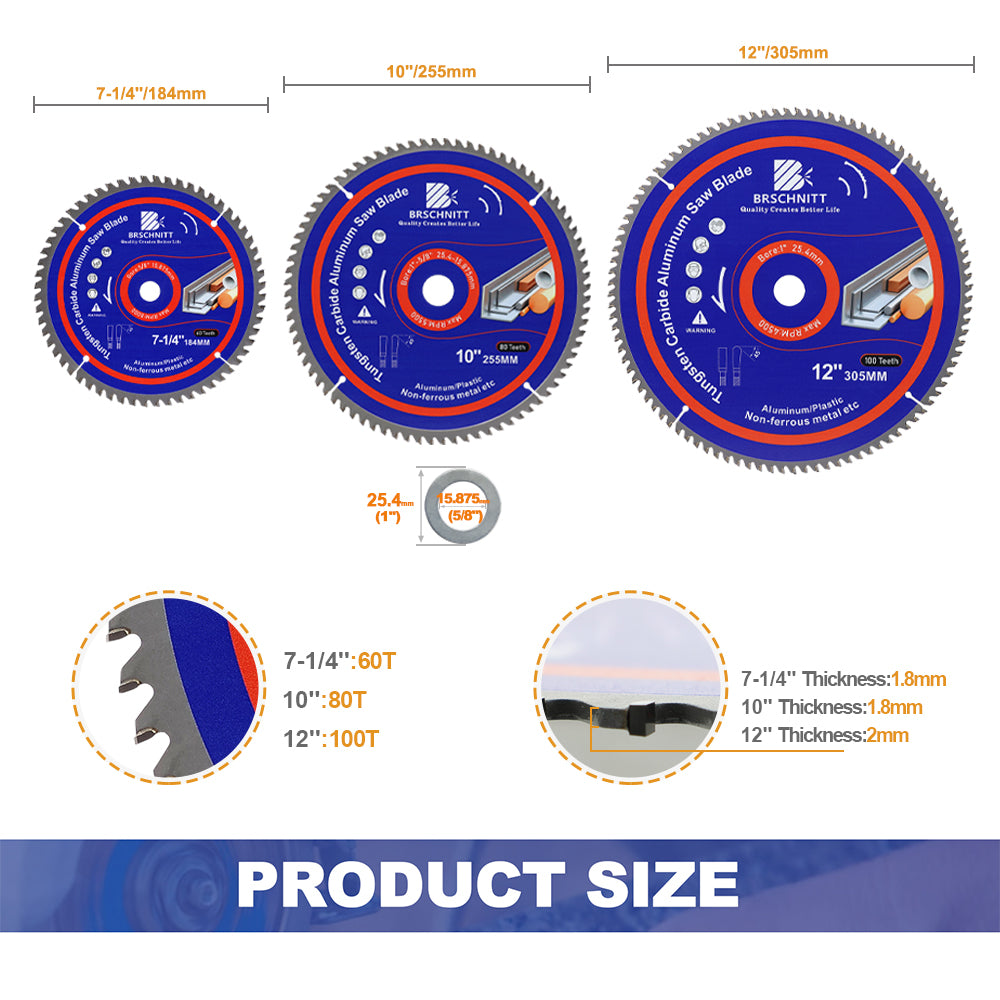 BRSCHNITT TCT Saw Blade 184-305mm 60-100T for Aluminum Plastic Non-Ferrous Metal Cutting
