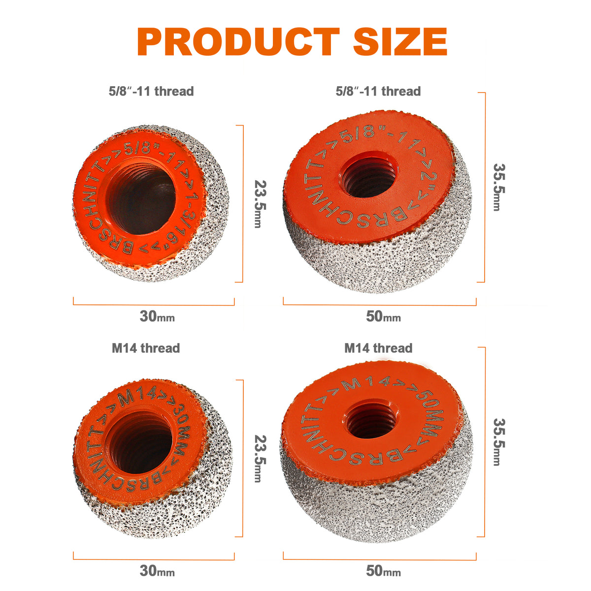 BRSCHNITT M14 & 5/8"-11 Diamond Mushroom Head Milling Bit 30-50mm for Pebble Marble Granite