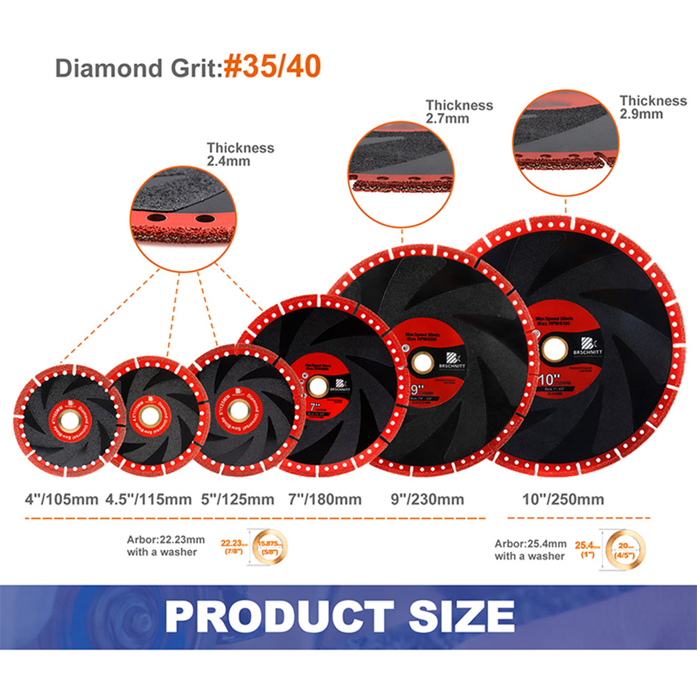 BRSCHNITT Diamond Demolition Blade for All Purpose 1pc Dia 4"/4.5"/5"/7"/9"/10" Granite Marble Aluminum Copper Pipe Vacuum Brazed Cutting Disc
