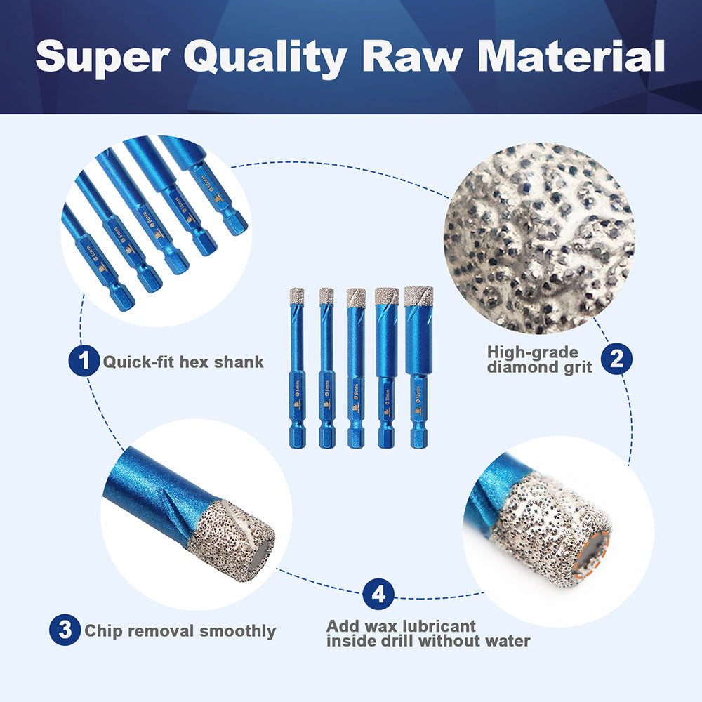 BRSCHNITT Quick-Fit Shank Diamond Dry Core Drill Bit 6-16mm for Ceramic Tile Granite Marble Vacuum Brazed