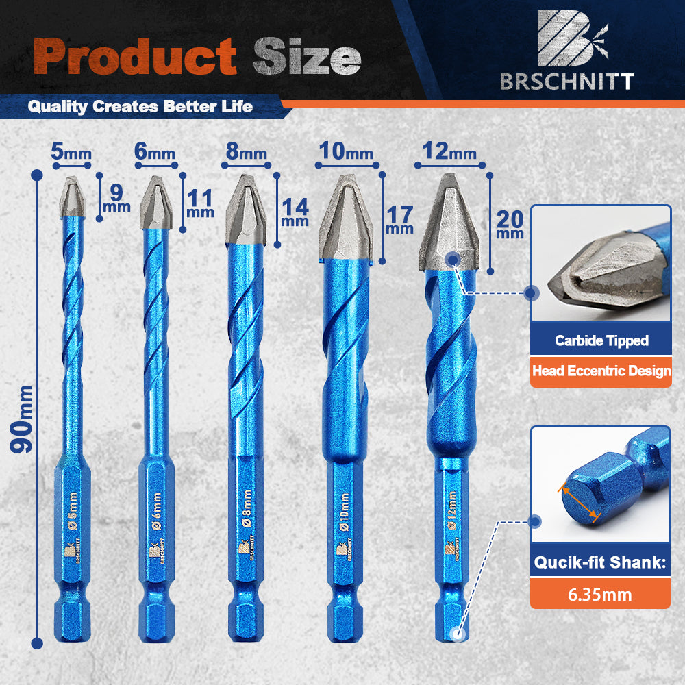BRSCHNITT Carbide Tip Quick Shank Drill Bit Set 5-12mm for Wood Marble Plastic