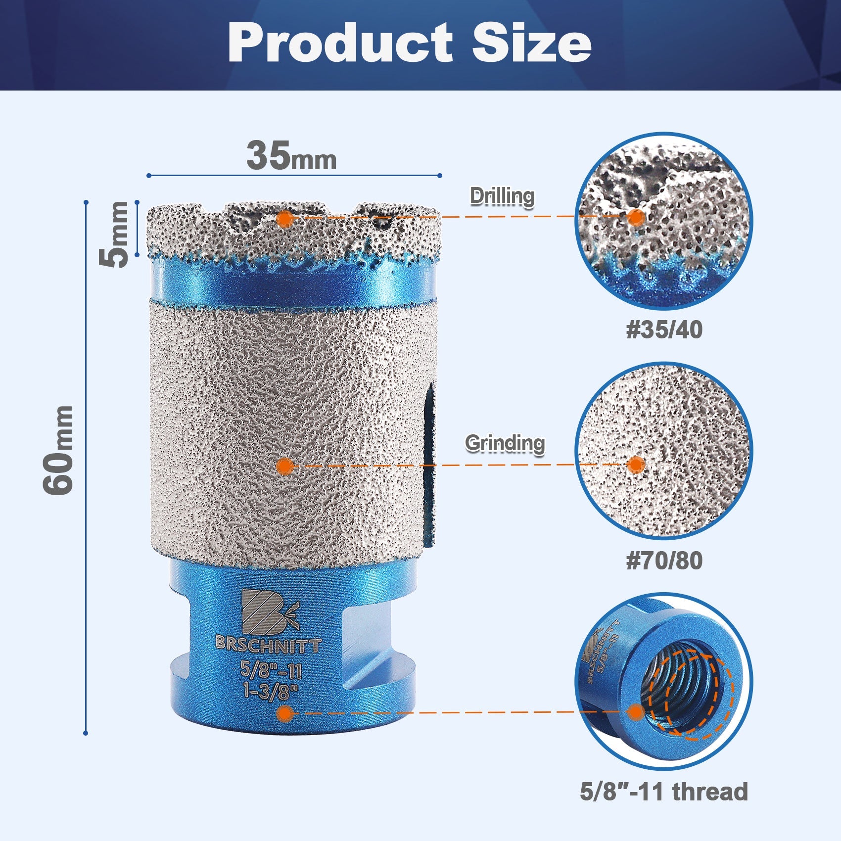 BRSCHNITT Diamant-Bohr- und Fräsfinger-Bit, 1 Stück oder 2 Stück, Durchmesser 20/25/35/50/68/75 mm, zum Vergrößern des Lochs in Porzellan, Keramikfliesen, Granit, Marmor, Stein, 5/8"-11 oder M14-Gewinde