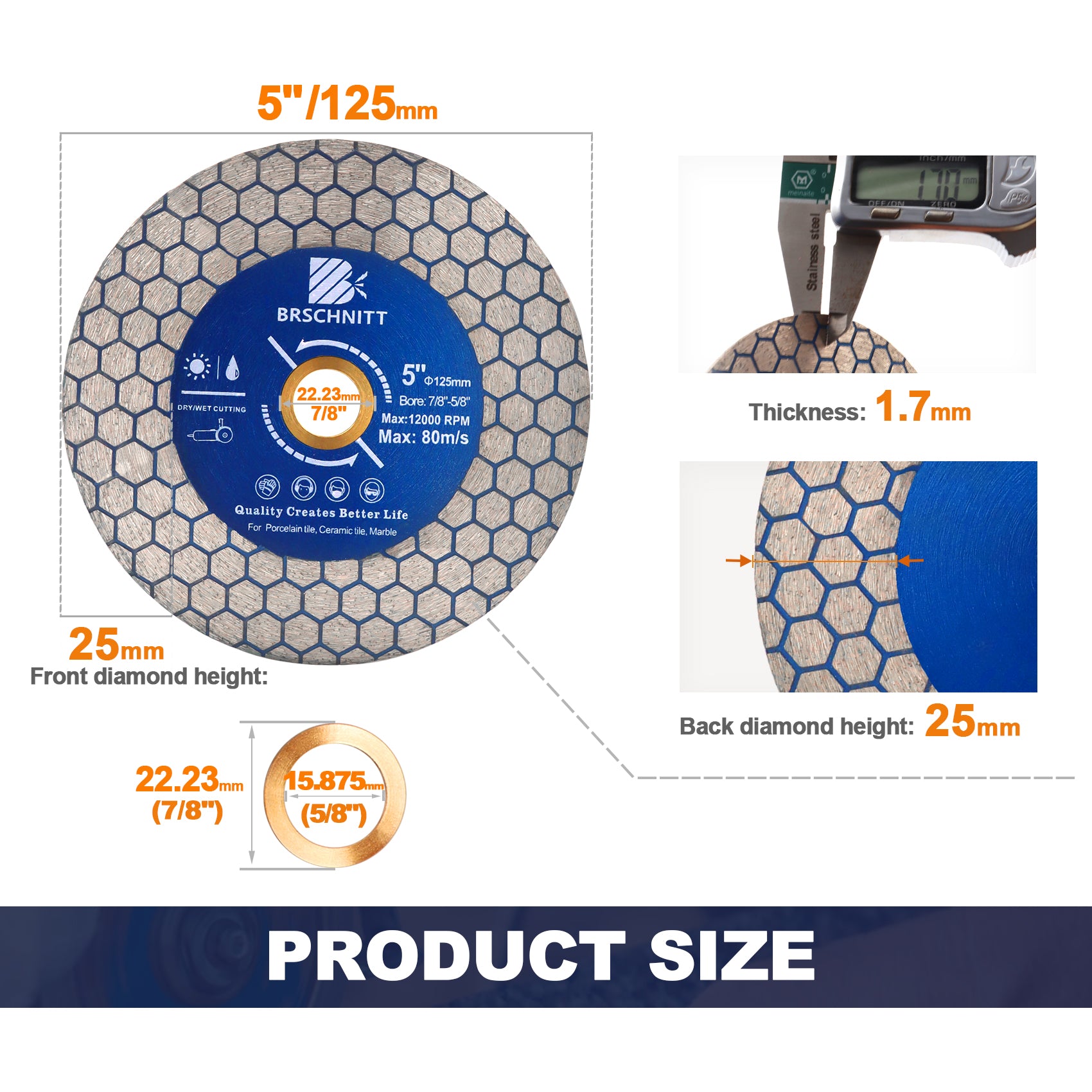 BRSCHNITT Diamond Saw Blade Hexgonal Cutting Grinding Double Sided 1pc Dia 5"/125mm Ceramic Tile Porcelain Marble Stone Cutting Disc