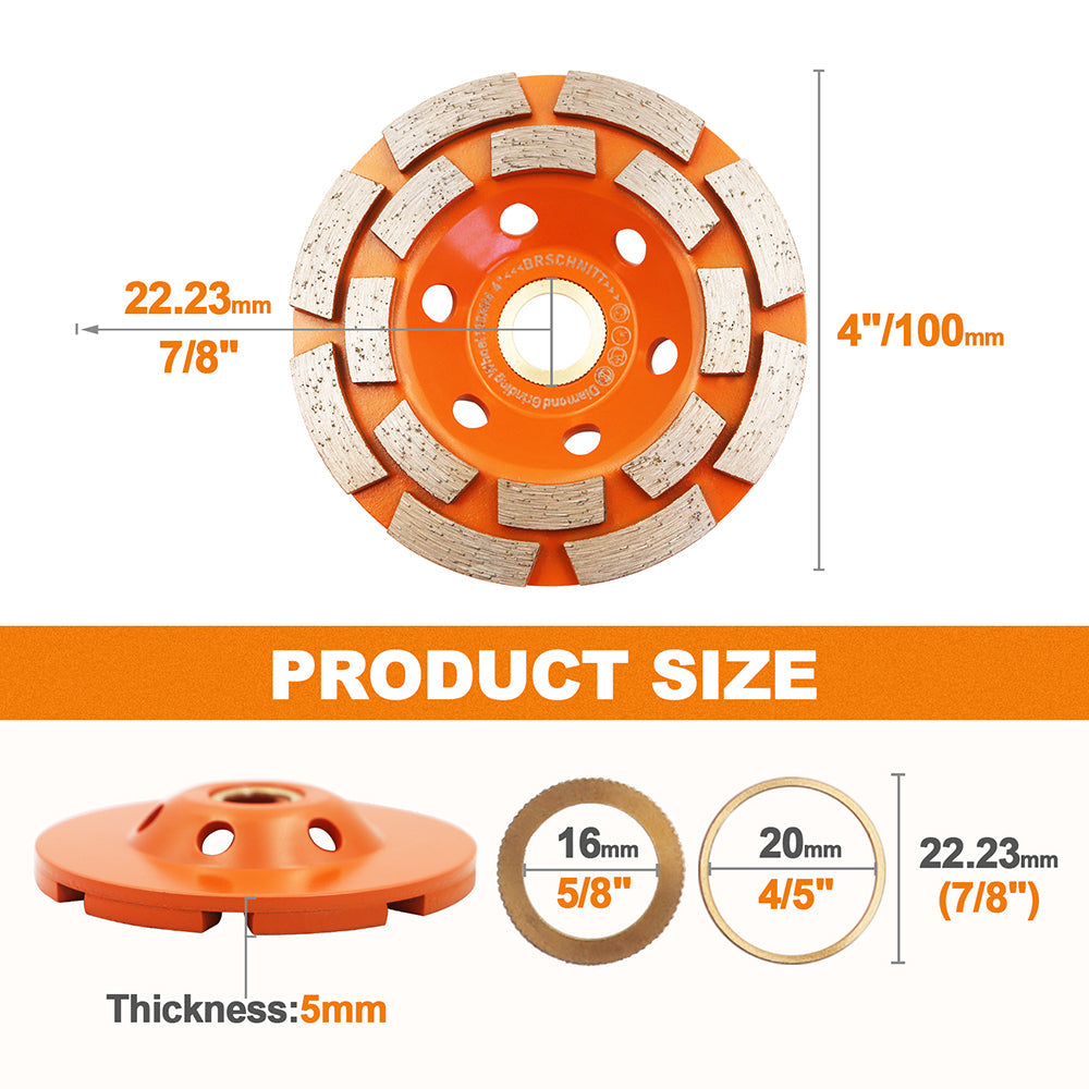 BRSCHNITT Diamond Grinding Cup Wheel Sintered Double Row 1pc Dia4"/4.5"/5"/7" Polishing Concrete Masonry Granite Marble
