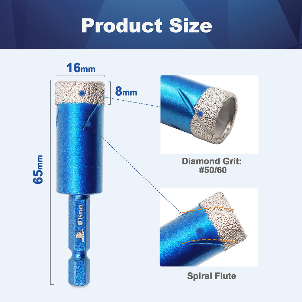 BRSCHNITT Quick-Fit Shank Diamond Dry Core Drill Bit 6-16mm for Ceramic Tile Granite Marble Vacuum Brazed