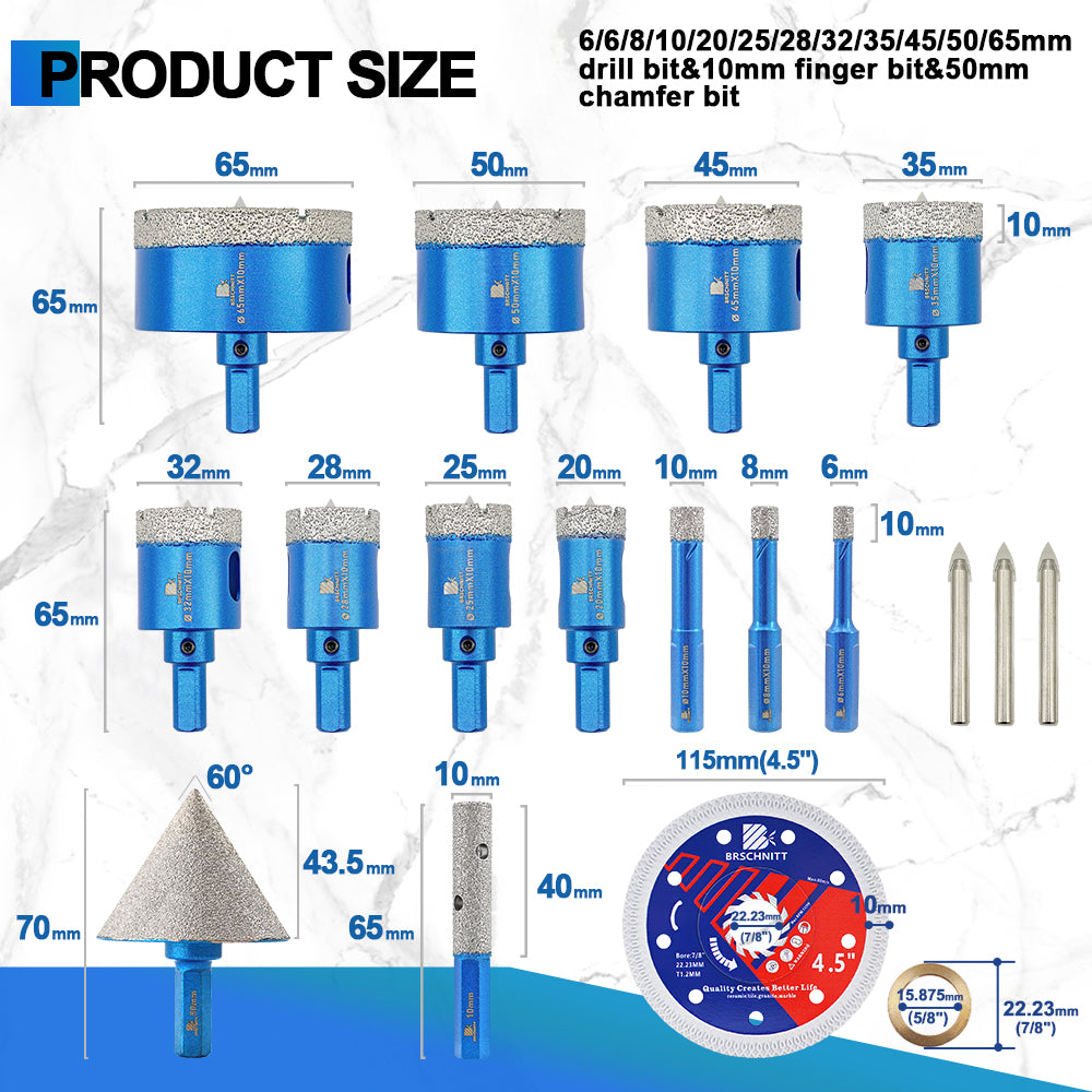 BRSCHNITT 17pcs Triangle Shank Diamond Dry Drill Bit Set 6-65mm with Tile Blade for Tile Granite Marble Stone