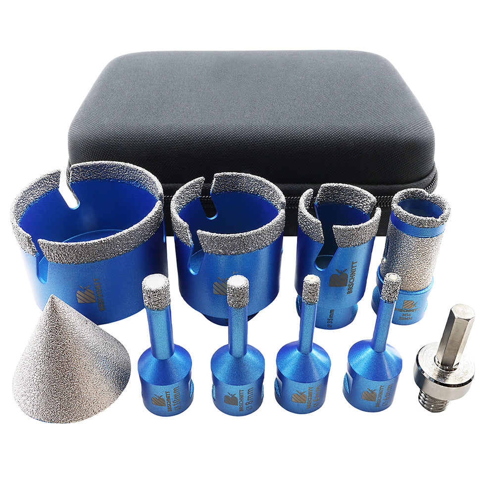 BRSCHNITT Lot de 10 forets diamantés 6/6/8/10/35/50/68 mm, forets à dents flash, foret de fraisage 25 mm, adaptateur hexagonal chanfreiné 2 pouces pour marbre, granit, céramique, carrelage, porcelaine