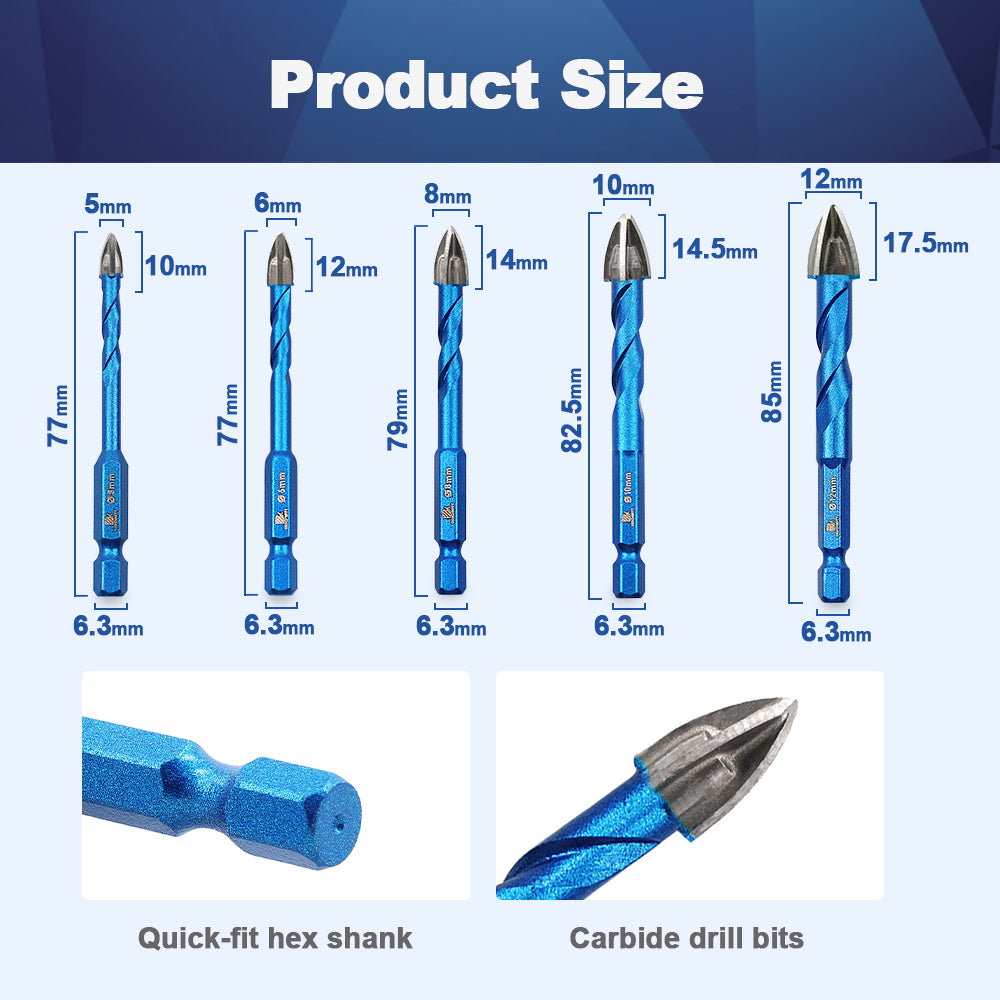 BRSCHNITT Quick Change Shank Dry Carbide Drill Bit Set 10pcs 5-12mm for Ceramic Brick Marble Wood
