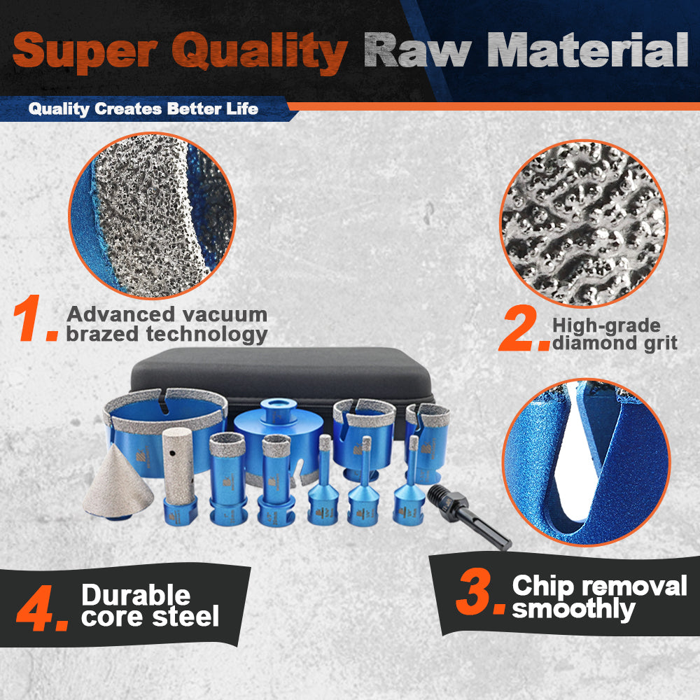 BRSCHNITT 12pcs 5/8"-11 Diamond Drill Bit Set 6-100mm with Milling & Chamfer Bits for Marble Stone