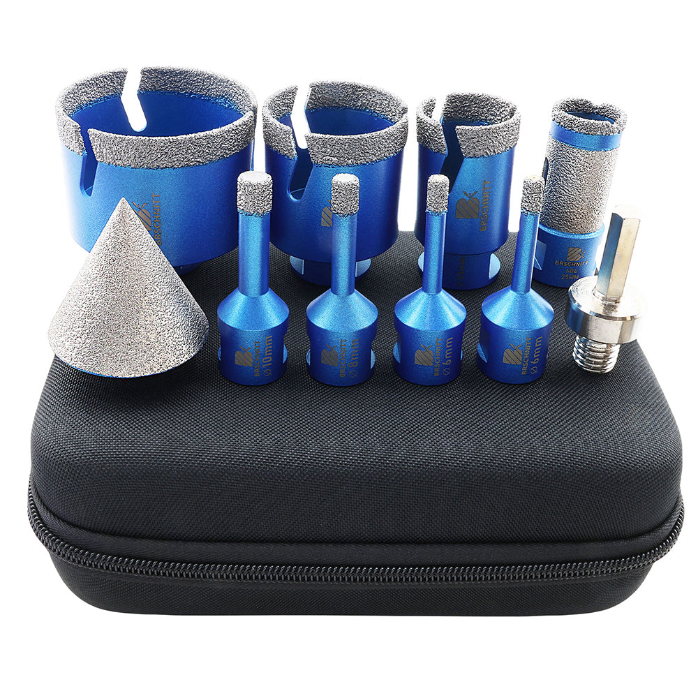 BRSCHNITT Lot de 10 forets diamantés 6/6/8/10/35/50/68 mm, forets à dents flash, foret de fraisage 25 mm, adaptateur hexagonal chanfreiné 2 pouces pour marbre, granit, céramique, carrelage, porcelaine