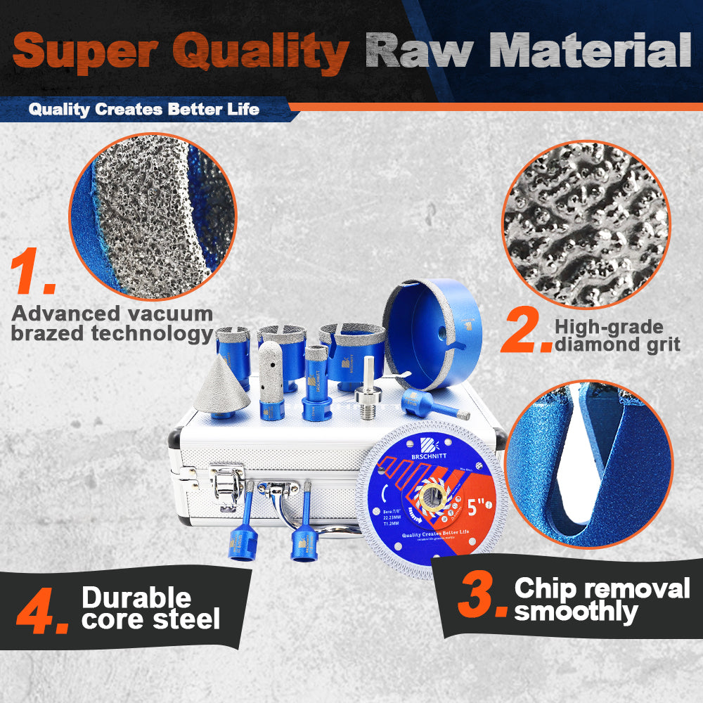 BRSCHNITT 12pcs 6-110mm Diamond Drill Bits Kit Milling Bit 2inch/50MM Chamfer Bit 5 inch Tile Blade for Porcelain Tile Ceramic Stone Granite Marble
