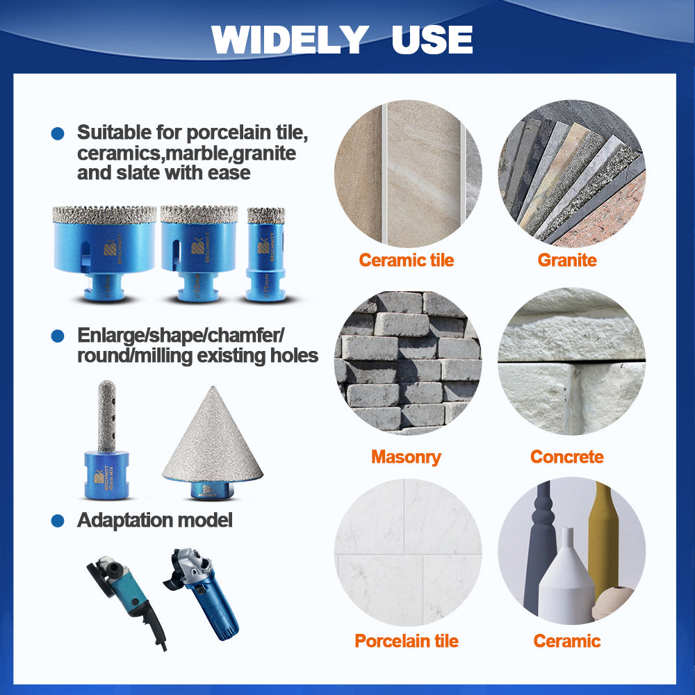 BRSCHNITT 10pcs 6-68mm Diamond Drill Bits Kit Milling Bit 2inch Chamfer HEX Adapter For Tile Granite Marble