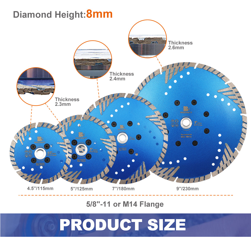 BRSCHNITT M14 & 5/8"-11 Thread Dry & Wet Use Diamond Cutting Disc Set 125mm for Concrete Granite Marble Tile