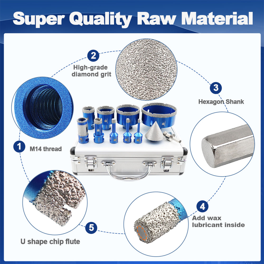BRSCHNITT M14 Diamond Hole Saw Set 11pcs 6-100mm Core Bits with 50mm Chamfer Bit for Tile Stone