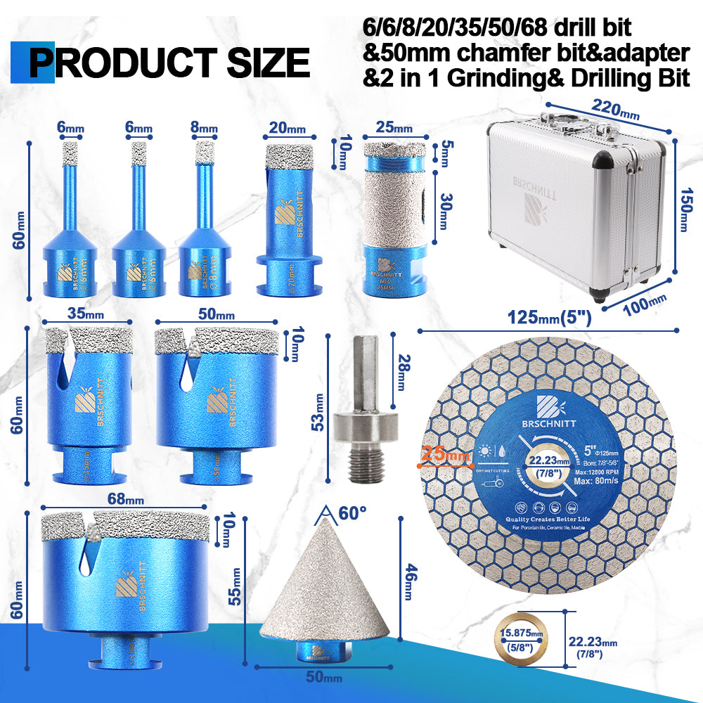 BRSCHNITT 6-68MM Diamond Hole Saw Kit 11pcs Diamond Drill Set Chamfer Milling Bit 125mm Cutting Disc Adapter Tile Marble Granite Hole Saw Tools