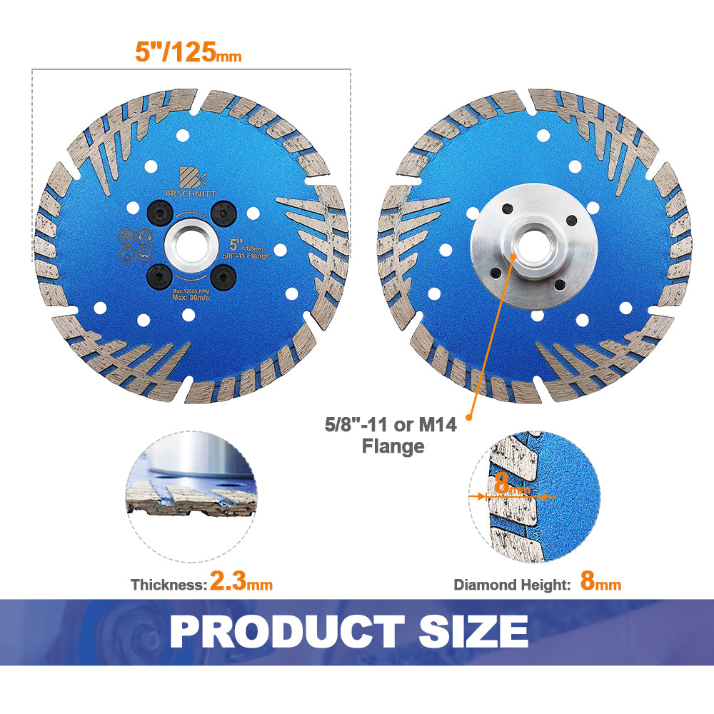 BRSCHNITT M14 & 5/8"-11 Thread Dry & Wet Use Diamond Cutting Disc Set 125mm for Concrete Granite Marble Tile