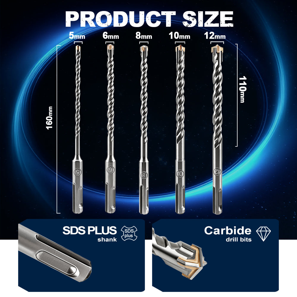 BRSCHNITT SDS Plus Carbide Cross Tip Drill Bit Set 10pcs 5-12mm for Concrete Brick Stone Masonry