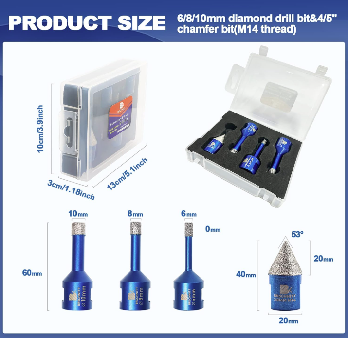 BRSCHNITT M14 Diamond Drill Bit Set 6-10mm with 20mm Chamfer Bit for Tile Porcelain Granite Marble