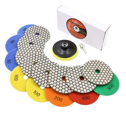 BRSCHNITT 4 Inch Dry Diamond Polishing Pads Set 50-800 Grit with 5/8"-11 Backer for Granite Marble Concrete Quartz