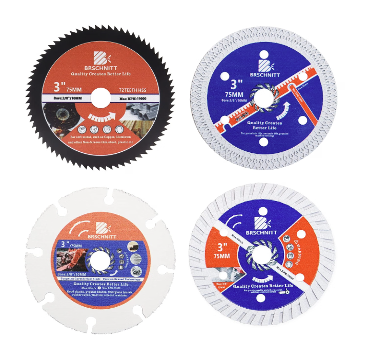 BRSCHNITT 75mm 3“ Diamond Saw Blade Set 4pcs with 10mm Arbor for Cutting Tile Stone Concrete Granite Marble