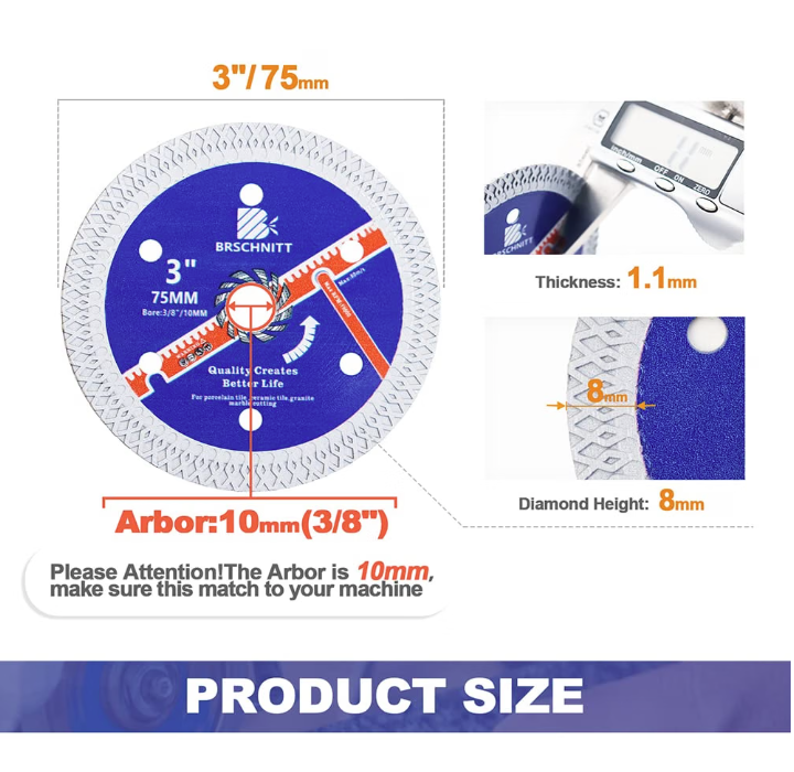 BRSCHNITT 75mm 3“ Diamond Saw Blade Set 4pcs with 10mm Arbor for Cutting Tile Stone Concrete Granite Marble