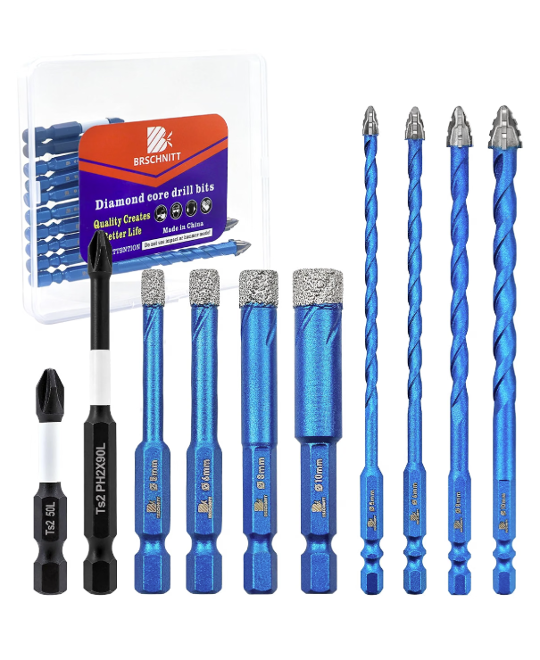 BRSCHNITT 10pcs Diamond & Carbide Masonry Drill Bits 3/16"–3/8" with 1/4" Hex Shank and PH2 Screwdriver Bits
