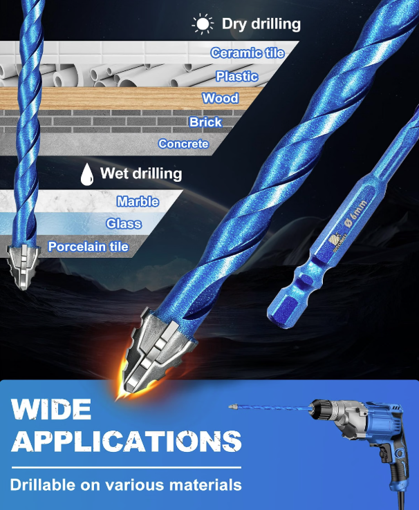 BRSCHNITT 10pcs Diamond & Carbide Masonry Drill Bits 3/16"–3/8" with 1/4" Hex Shank and PH2 Screwdriver Bits