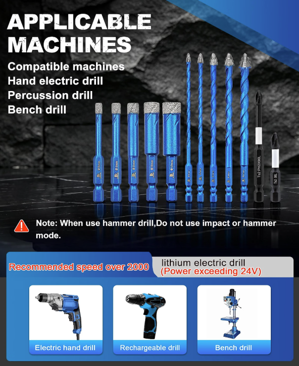 BRSCHNITT 10pcs Diamond & Carbide Masonry Drill Bits 3/16"–3/8" with 1/4" Hex Shank and PH2 Screwdriver Bits