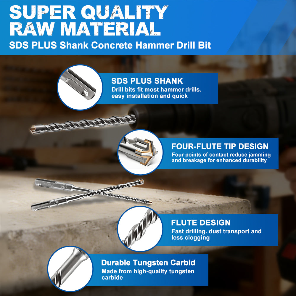 BRSCHNITT SDS Plus Carbide Cross Tip Drill Bit Set 10pcs 5-12mm for Concrete Brick Stone Masonry
