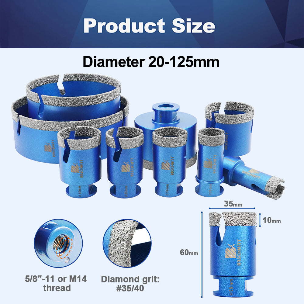 BRSCHNITT M14 Thread Diamond Dry & Wet Hole Saw with Lightning Teeth 25-68mm for Porcelain Tile Granite Marble