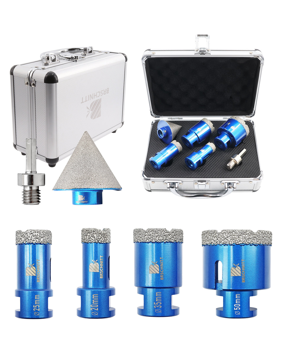 BRSCHNITT M14 Vacuum Brazed Diamond Drill Bit Set 20-50mm with 50mm Chamfer Bit for Tile Porcelain Granite Marble