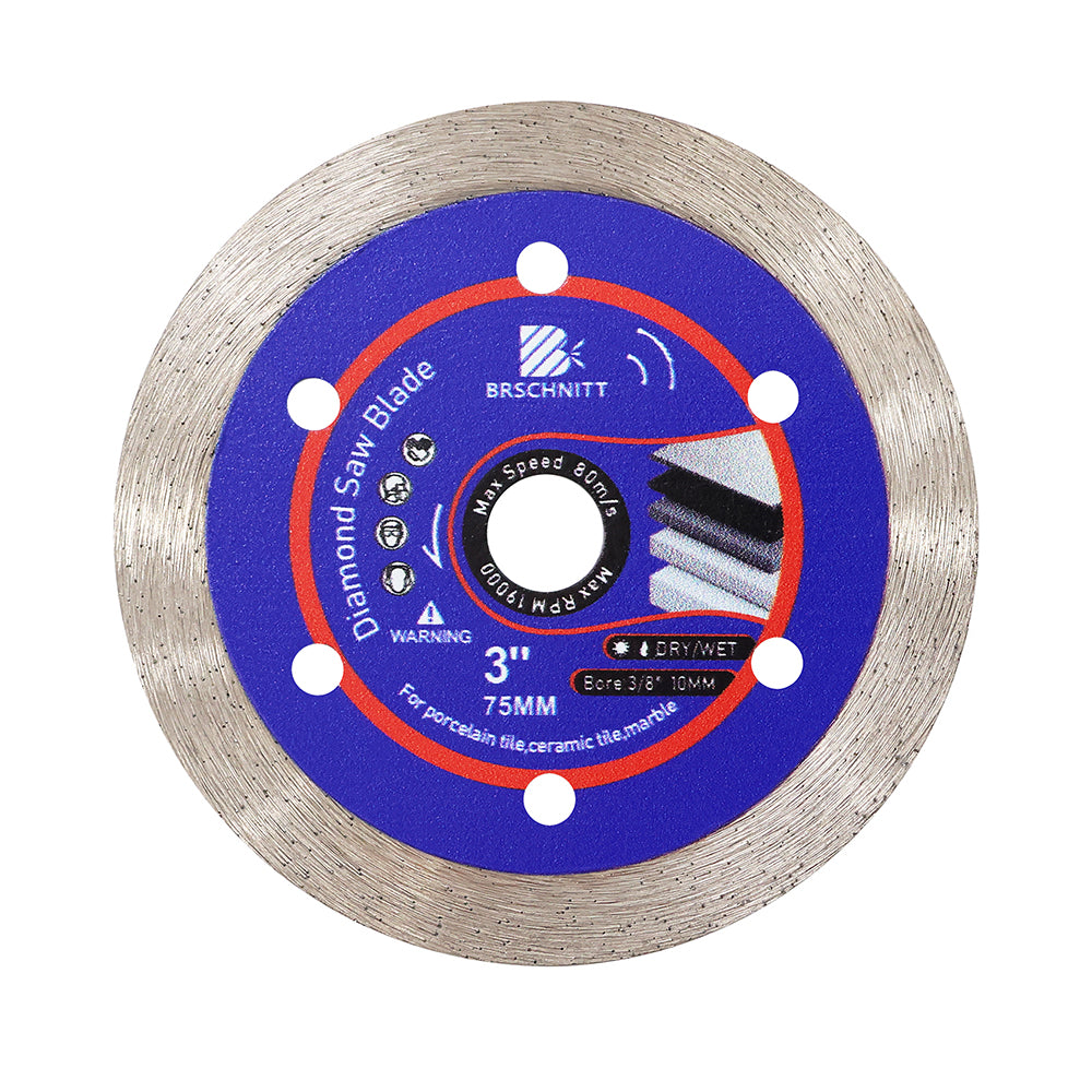 BRSCHNITT Diamant-Fliesensägeblatt für Trocken- und Nassschnitt, 75 mm, geschlossener Rand, Set für Keramikfliesen, Marmor, Granit
