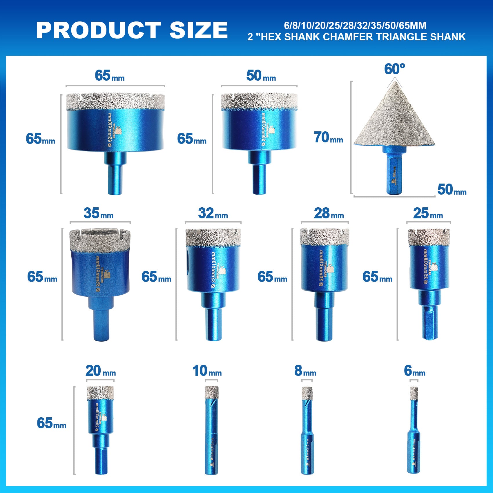BRSCHNITT Triangle Shank Diamond Core Drill Bit Set 11pcs 6-65mm with Chamfer Bit for Tile Marble Granite