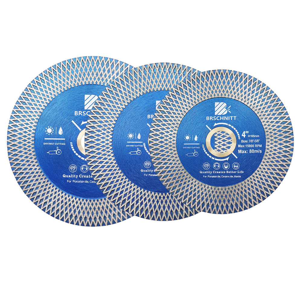 BRSCHNITT Diamant-Schneid- und Schleifsägeblatt, doppelseitig, X-Maschen, 1 Stück oder 2 Stück, Durchmesser 4"/4,5"/5" Keramikfliesen, Porzellan, Marmor, Stein, Trennscheibe