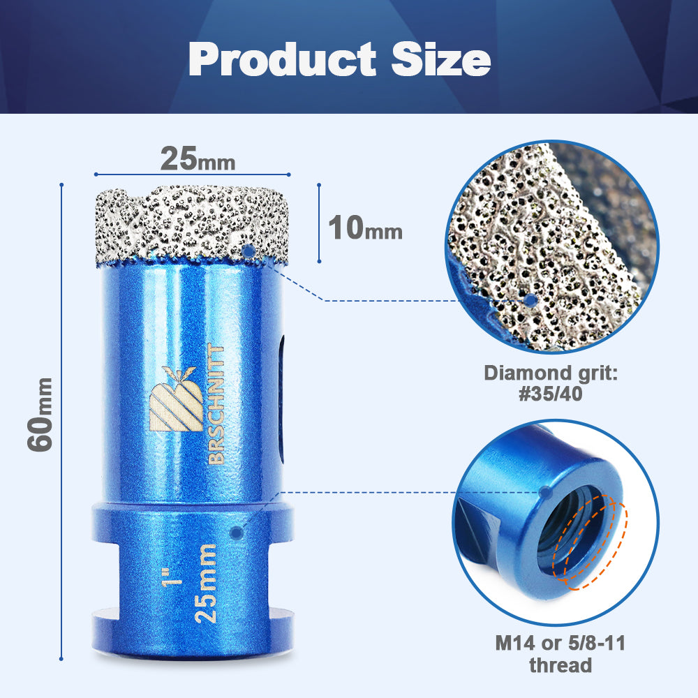 BRSCHNITT 5/8"-11 Thread Diamond Dry & Wet Core Drill Bit 1" for Granite Marble Vacuum Brazed